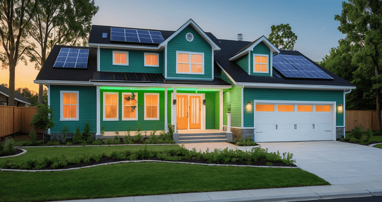 A green, two-story house with solar panels on the roof and bright energy-efficient lighting, surrounded by a well-maintained lawn and trees at sunset.